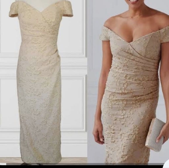 Oleg Cassini Size 16 W Formal Floral Boned Evening Gown Champagne Metallic Cream - Picture 15 of 15